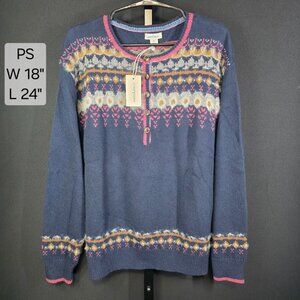 NWT Sundance Sweater Womens PS Petite Small Blue Fair Isle Nordic Henley Boho Wo